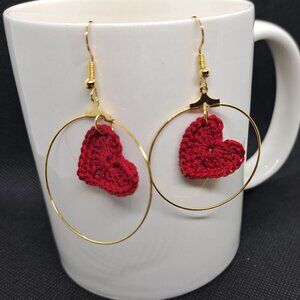 Goldtone Hoop Dangle Earrings with Red Crocheted Heart- Handmade